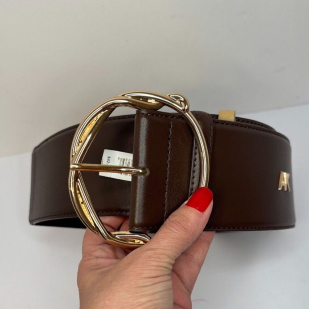 Anne Klein Wide Brown Leather Gold Buckle Belt Adjustable Shiny Womens